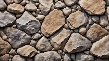 Fototapeta premium Close-up texture of a stone wall with various sizes and shades of gray and beige rocks.