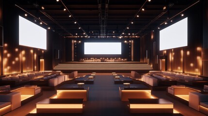 A spacious modern venue with a central stage, illuminated white screens, tiered seating, and a bold dark ceiling structure highlighted by soft lighting