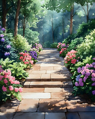 Obraz premium Sunlit stone pathway through a lush garden with vibrant flowers and trees.