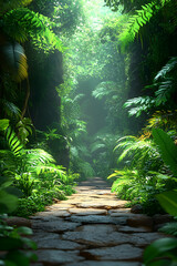 Sunlit stone path through lush, green tropical jungle foliage.
