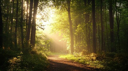 Fototapeta premium Sunbeams illuminate a forest path at dawn.
