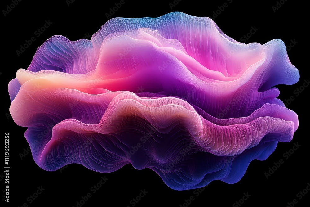 Poster abstract digital artwork of colorful wavy form with soft gradients and fluid lines set against a bla