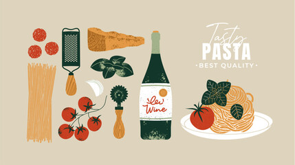 Italian pasta ingredients. Plate with spaghetti. Food design template. Vector illustration