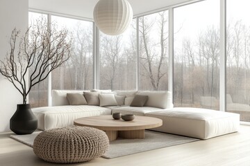 Modern minimalist living room spacious and bright large white sectional sofa