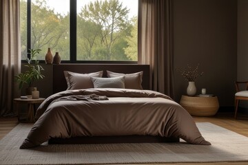 Obraz premium Minimalist bedroom interior with neutral tones and large window lighting