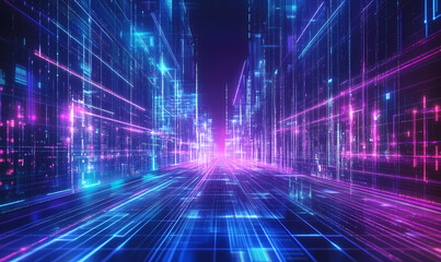 Futuristic city street with vibrant digital lines and neon glow.
