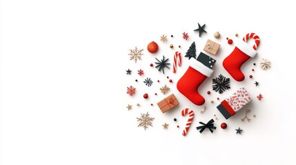 Fototapeta na wymiar Festive Christmas Stockings Surrounded by Holiday Decorations, Colorful Gifts, and Ornaments on a Bright Background for Seasonal Celebrations and Greetings