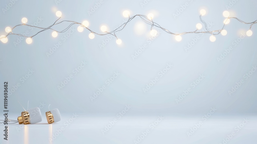 Poster softly glowing string lights illuminating a minimalist surface with christmas touches and a clean ba