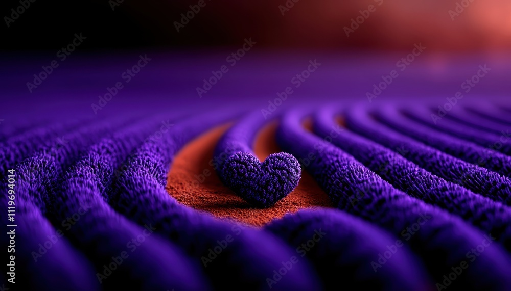 Poster a close-up of dynamic wave patterns in vivid purple hues, showcasing intricate textures and a heart-