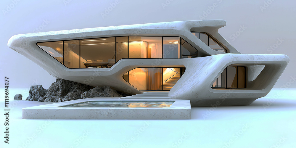 Poster a modern house with a pool and a large window. the house is made of concrete and has a unique design