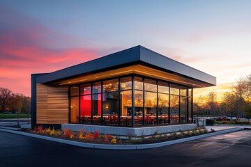 Obraz premium Modern restaurant exterior corner building large windows wood paneling geometric architecture