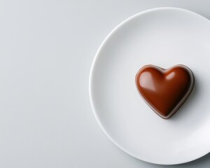A heart-shaped chocolate dessert on a clean white plate, symbolizing love and luxury in gastronomy.