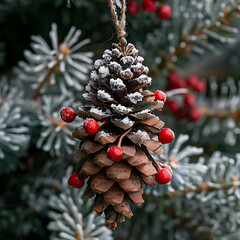 Snow-Dusted Pine Cone Ornament Adorned with Red Berries Hanging from a Miniature Christmas Tree Branch Against a Winter Wonderland Background