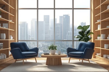 modern Scandinavian living room floor to ceiling windows city skyline view mid century