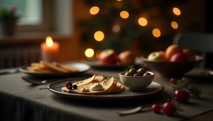 Festive New Year’s Table Setting with Dessert and Soft Lighting
