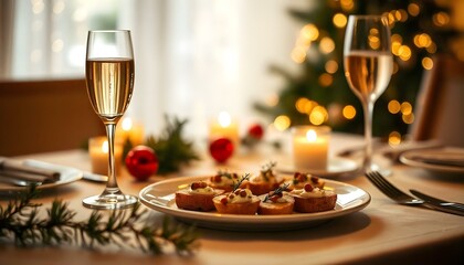 Fototapeta premium Festive New Year’s Table Setting with Dessert and Soft Lighting