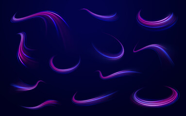 Neon stripes in the form of drill, turns and swirl. Speed of light concept background. Abstract background rotational border lines, png, effect, wave,neon,line. 