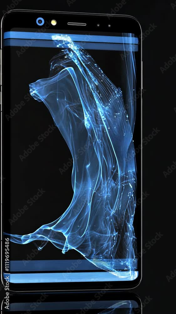 Poster glowing abstract design displayed on a smartphone screen showcasing fluid motion in vibrant blue ton