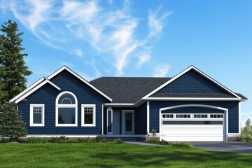 modern suburban house deep blue siding white trim arched window gray roof