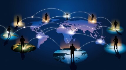 World map with connection points and silhouettes of people, concept of a connected and globalized world.