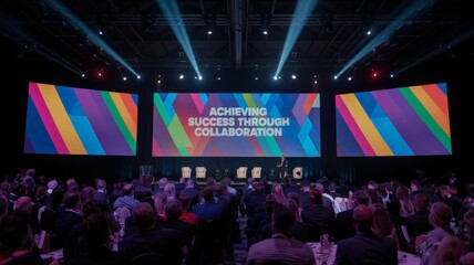 Corporate event with a large screen showing achieving success through collaboration.