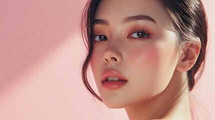 Fototapeta premium Close-up portrait of a young woman with flawless skin and a natural look.