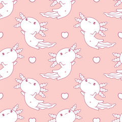 Seamless pattern cute Axolotl on pink background. Outline Little cartoon kawaii animal character. Line drawing. Vector illustration. Kids collection