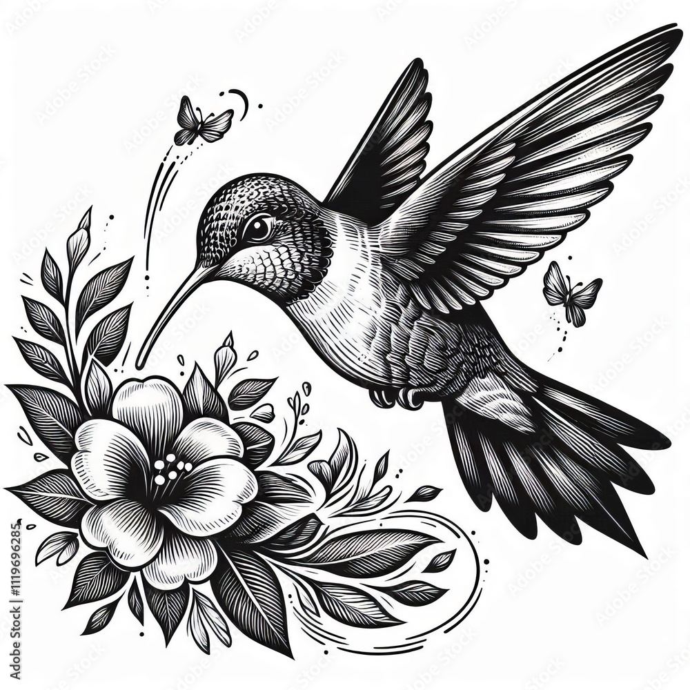 Poster hummingbird hover illustrate a hummingbird hovering near a flowe