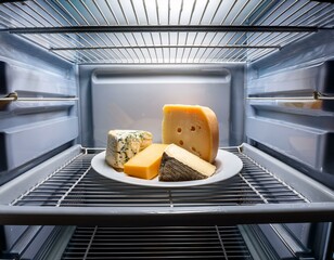 An empty fridge with a selection of cheese