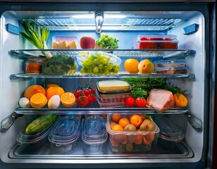 A fridge with an abundance of heathly food, fruit, meat and vegetables on the shelves