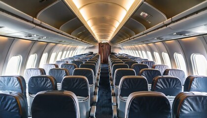Fototapeta premium Inside a plane cabin with rows of seats