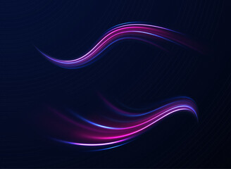 Abstract neon light motorway background. Light arc in neon colors, in the form of a turn. Magic bright shine glow of energy lines, shiny swirl power waves flow, electric trail glowing in dark backgrou