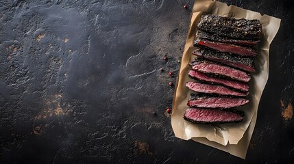Biltong is a flavorful dried meat snack that showcases tender slices, perfectly seasoned, arranged beautifully on a rustic backdrop with a dark ambiance.