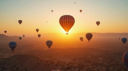 Obraz premium Hot Air Balloons Ascending Over Desert at Sunrise