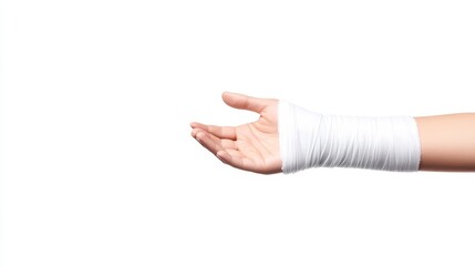 Close-Up Image of a Human Hand with a White Bandage Wrapped Around the Wrist and Lower Forearm Against a Clean White Background for Medical and Healing Concepts