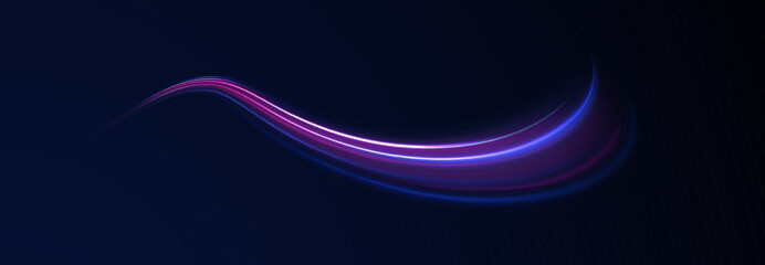 Light arc in neon colors, in the form of a turn. Magic bright shine glow of energy lines, shiny swirl power waves flow, electric trail glowing in dark backgrou. Abstract neon light motorway background