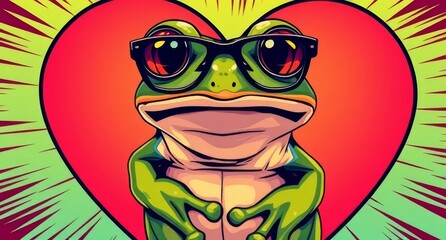 A cartoon frog in sunglasses joyfully holds a heart, exuding a playful and affectionate vibe.