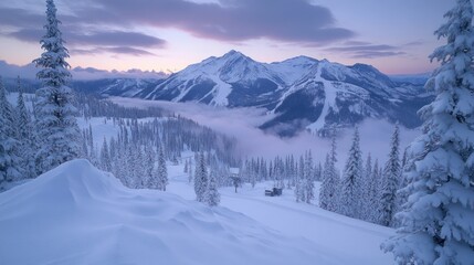 Obraz premium Snow-covered mountain peak at sunrise, ski resort in valley below, fog.