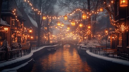 Snow-covered canal at night with warm lights.