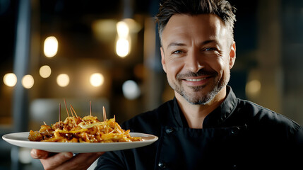 Chef holding a plate of beautifully arranged gourmet food, with a satisfied smile, symbolizing high food expectations and culinary excellence.