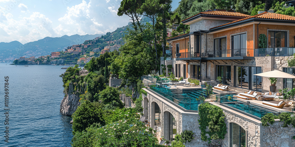 Poster a large house with a pool and a view of the ocean. the house is surrounded by trees and the water is