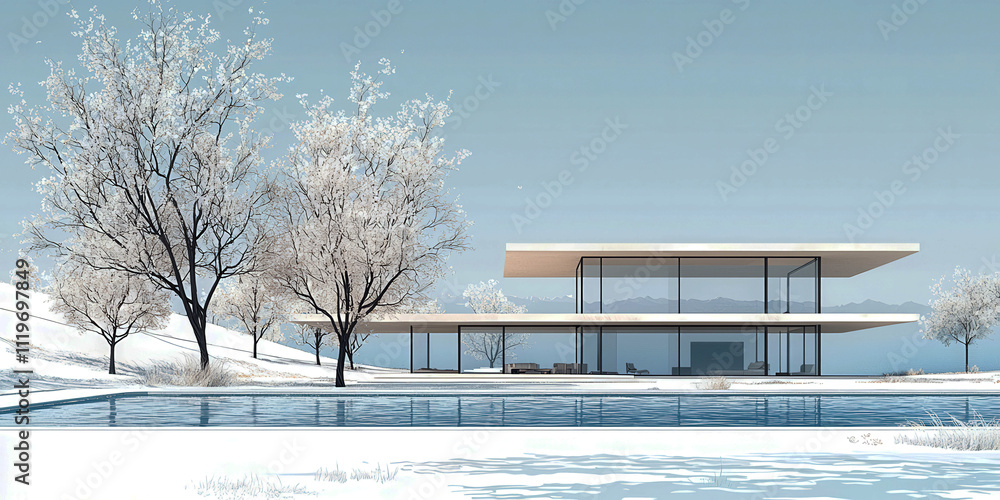 Poster a house with a pool and a tree in front of it. the house is white and has a lot of glass windows. th