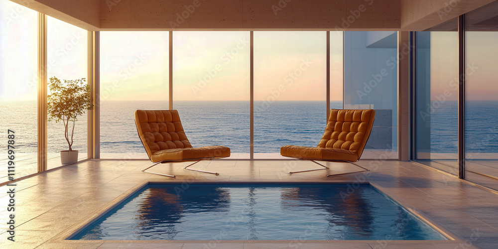 Poster a pool with two chairs and a potted plant in front of a window overlooking the ocean. scene is seren
