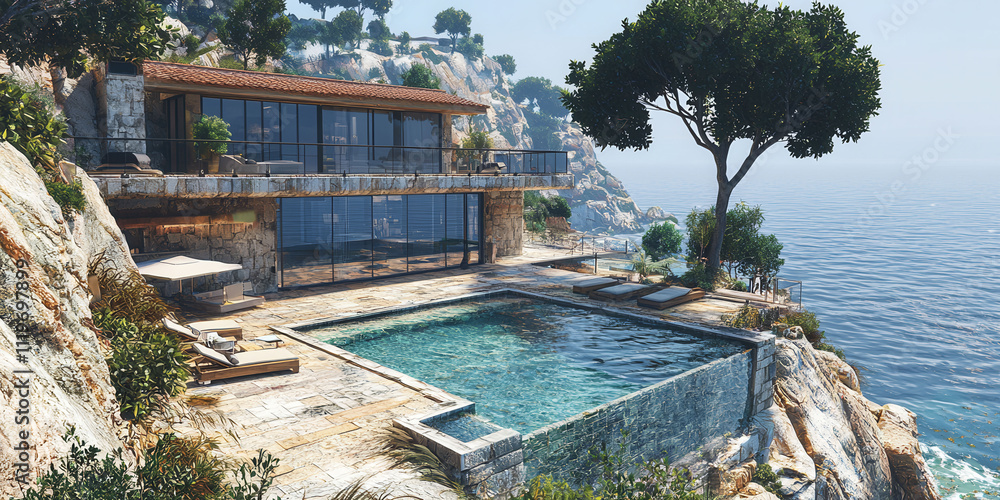 Poster a beautiful pool with a view of the ocean. the pool is surrounded by white lounge chairs and a table