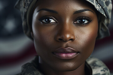 Generative AI image of beautiful female soldier in camouflage uniform in military security