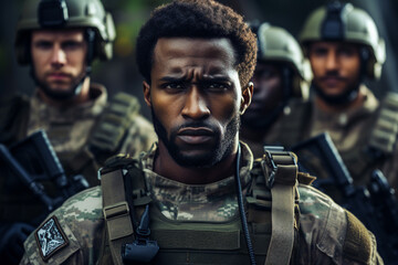 Fototapeta premium Generated with ai image of young male soldier wearing camouflage uniform during a military operation