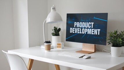 Computer with business phrases on screen, office in background.