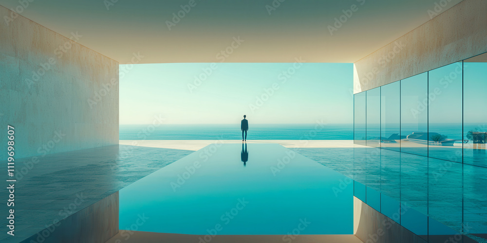 Poster a man stands in front of a pool, looking out at the ocean. the scene is serene and peaceful, with th