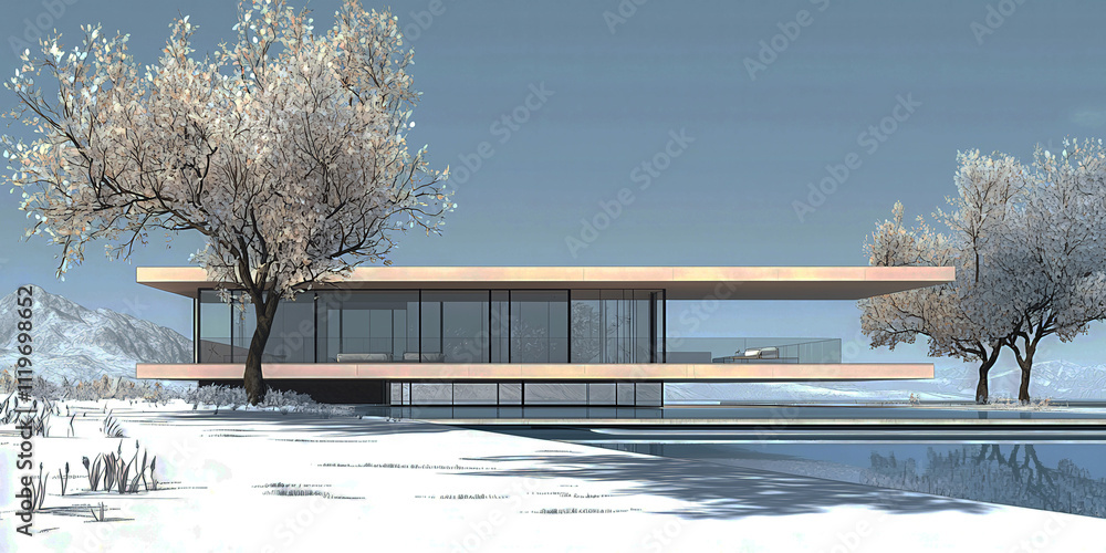 Poster a house with a pool and a tree in front of it. the house is white and has a lot of glass windows. th