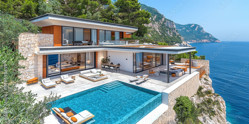 Poster a large house with a pool and a view of the ocean. the house is white and has a lot of windows